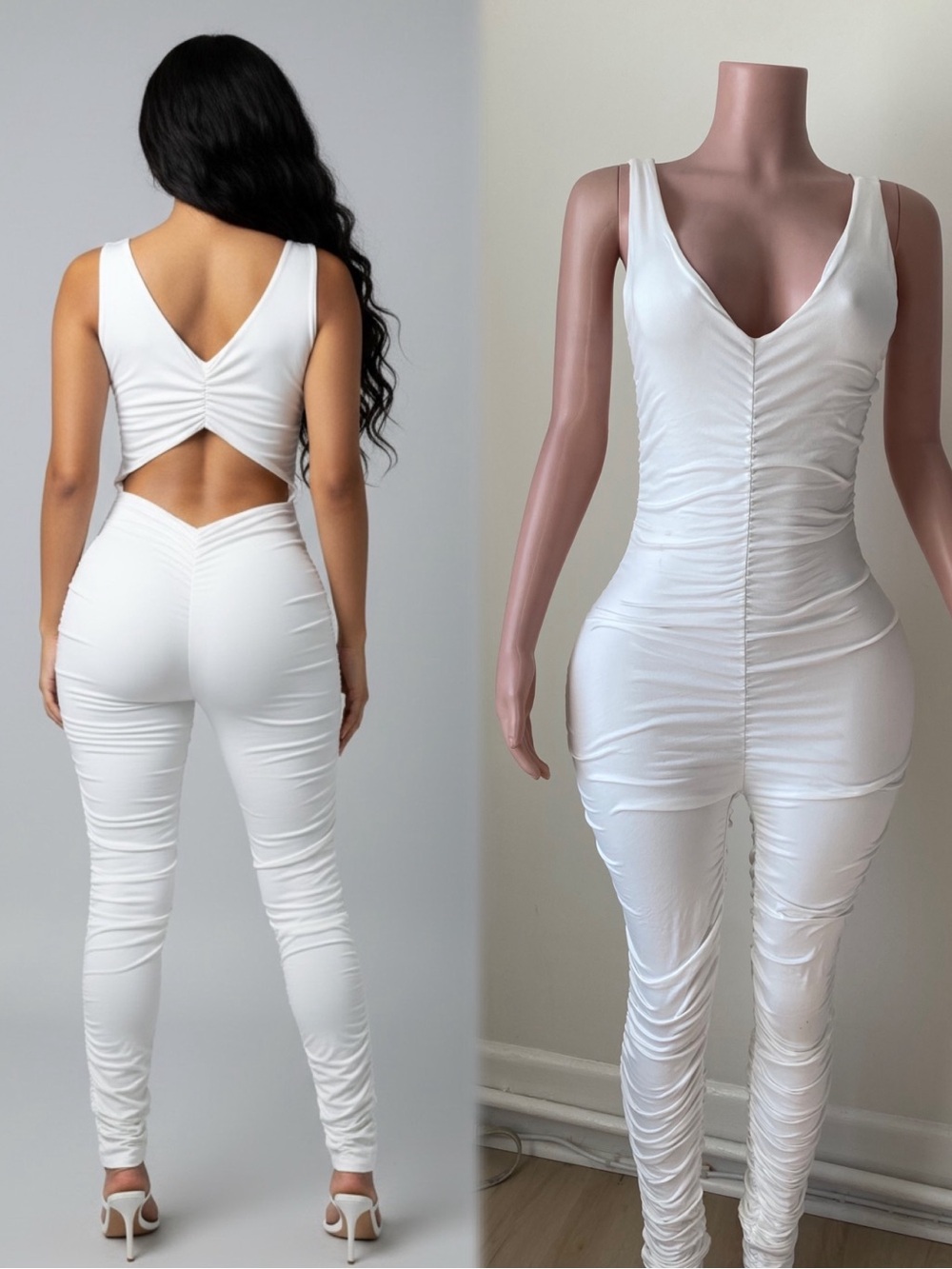 White Ruched V-Neck Jumpsuit